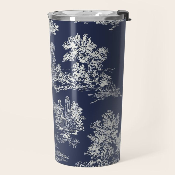 Toile de Jouy Vintage French Navy Blue & White Travel Mug Gallery Image 2