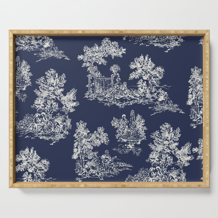 Toile de Jouy Vintage French Navy Blue & White Serving Tray Gallery Image 1