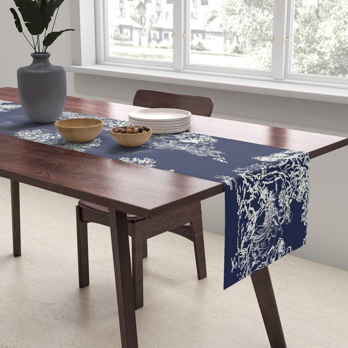 Toile de Jouy Vintage French Navy Blue & White Table Runner Gallery Image 2