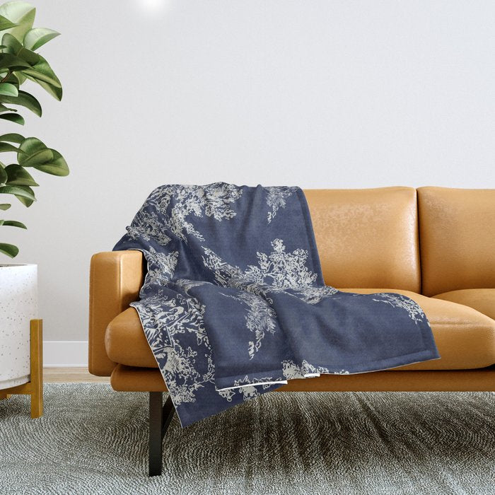 Toile de Jouy Vintage French Navy Blue & White Throw Blanket Gallery Image 1