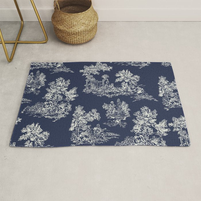 Toile de Jouy Vintage French Navy Blue & White Rug Gallery Image 1