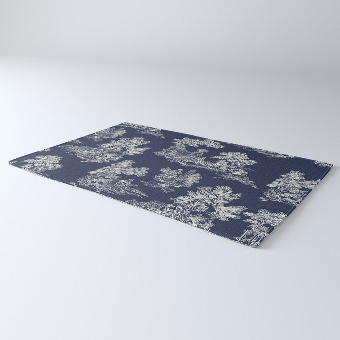 Toile de Jouy Vintage French Navy Blue & White Rug Gallery Image 3