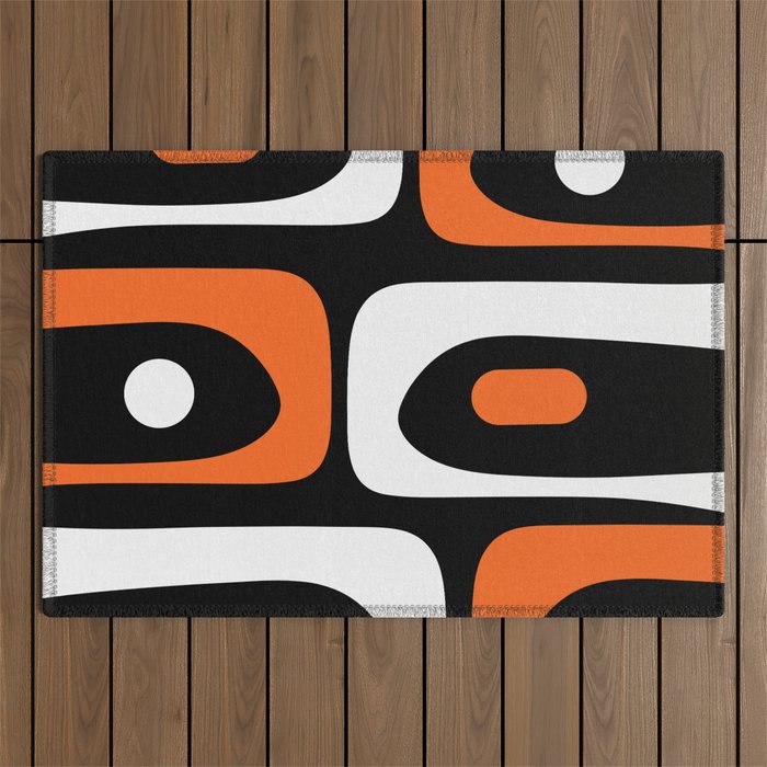 Mid Century Modern Piquet Retro Abstract Pattern Black Orange White Outdoor Rug Gallery Image 1