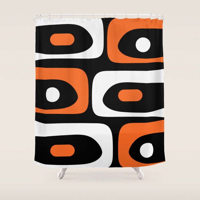 Mid Century Modern Piquet Retro Abstract Pattern Black Orange White Shower Curtain Gallery Image 1