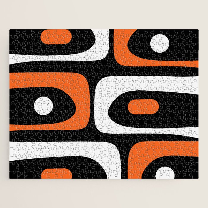 Mid Century Modern Piquet Retro Abstract Pattern Black Orange White Jigsaw Puzzle Gallery Image 1