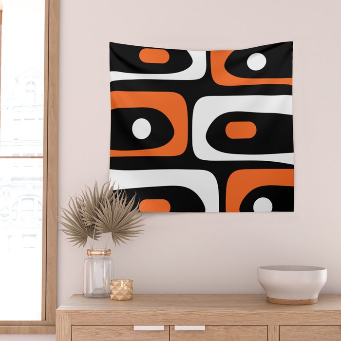 Mid Century Modern Piquet Retro Abstract Pattern Black Orange White Wall Tapestry Gallery Image 2