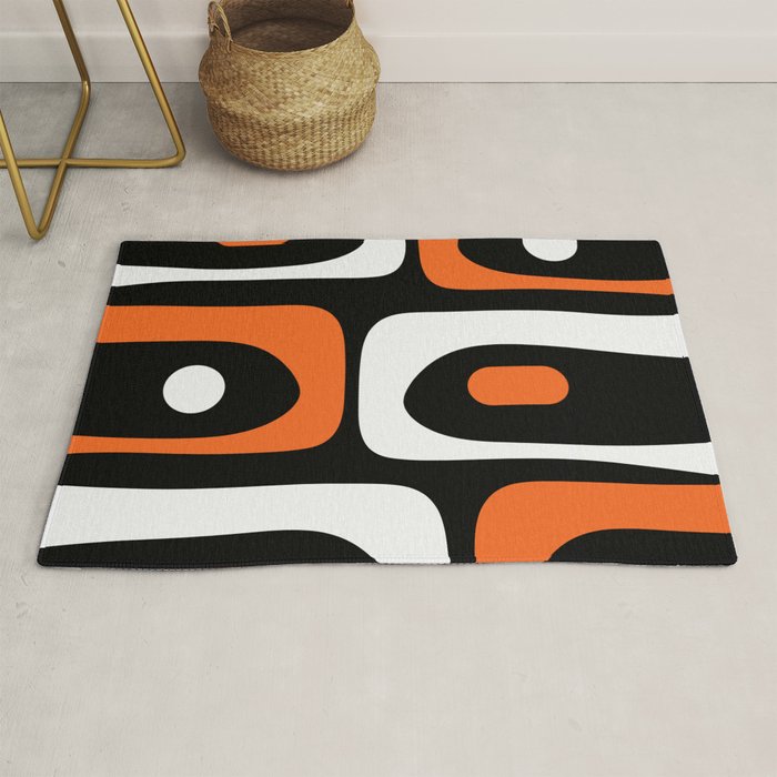 Mid Century Modern Piquet Retro Abstract Pattern Black Orange White Rug Gallery Image 1