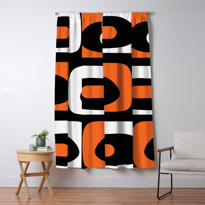 Mid Century Modern Piquet Retro Abstract Pattern Black Orange White Window Curtain Gallery Image 1