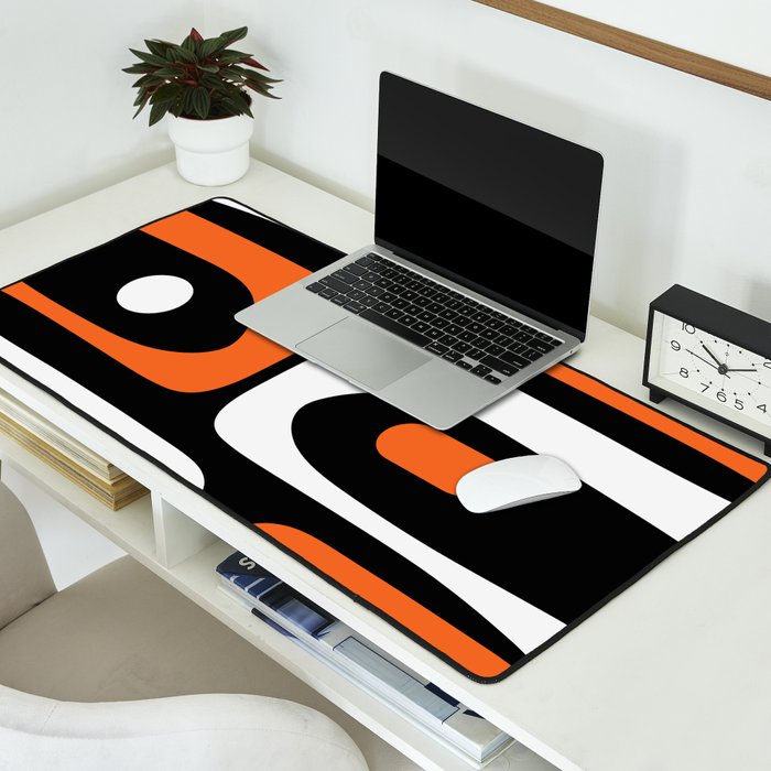 Mid Century Modern Piquet Retro Abstract Pattern Black Orange White Desk Mat Gallery Image 2