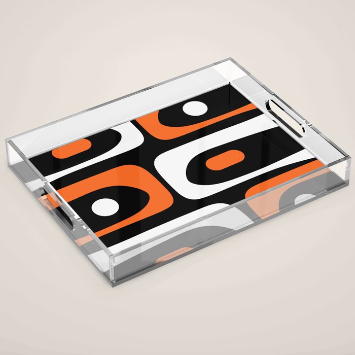 Mid Century Modern Piquet Retro Abstract Pattern Black Orange White Acrylic Tray Gallery Image 1