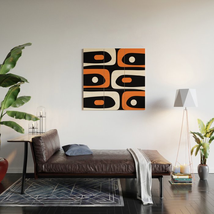 Mid Century Modern Piquet Retro Abstract Pattern Black Orange White Wood Wall Art Gallery Image 2