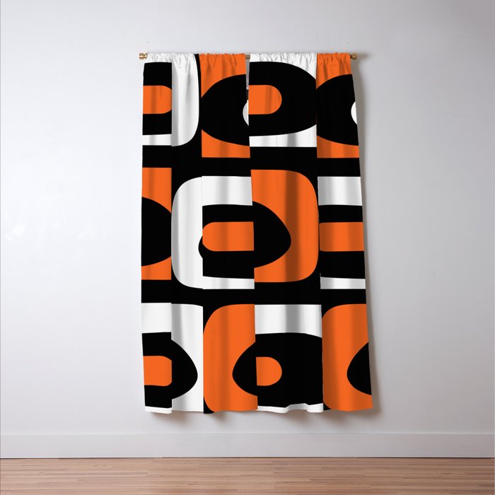 Mid Century Modern Piquet Retro Abstract Pattern Black Orange White Window Curtain Gallery Image 3