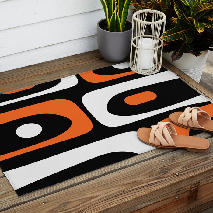 Mid Century Modern Piquet Retro Abstract Pattern Black Orange White Outdoor Rug Gallery Image 2