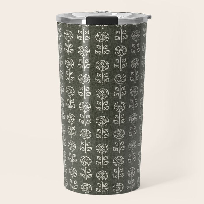 block print floral - dark olive Travel Mug Gallery Image 1