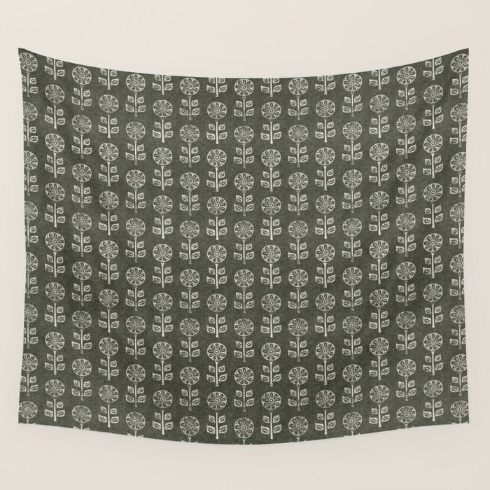 block print floral - dark olive Wall Tapestry Gallery Image 4