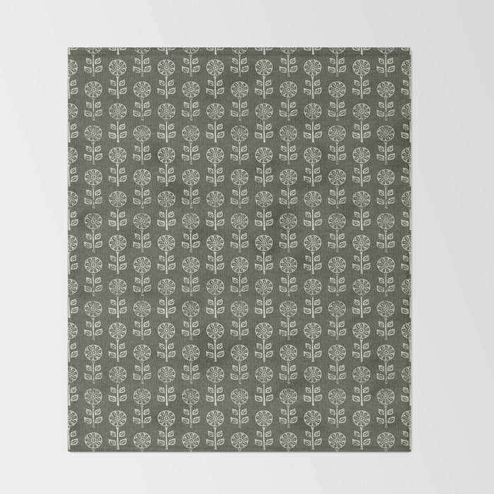block print floral - dark olive Throw Blanket Gallery Image 2
