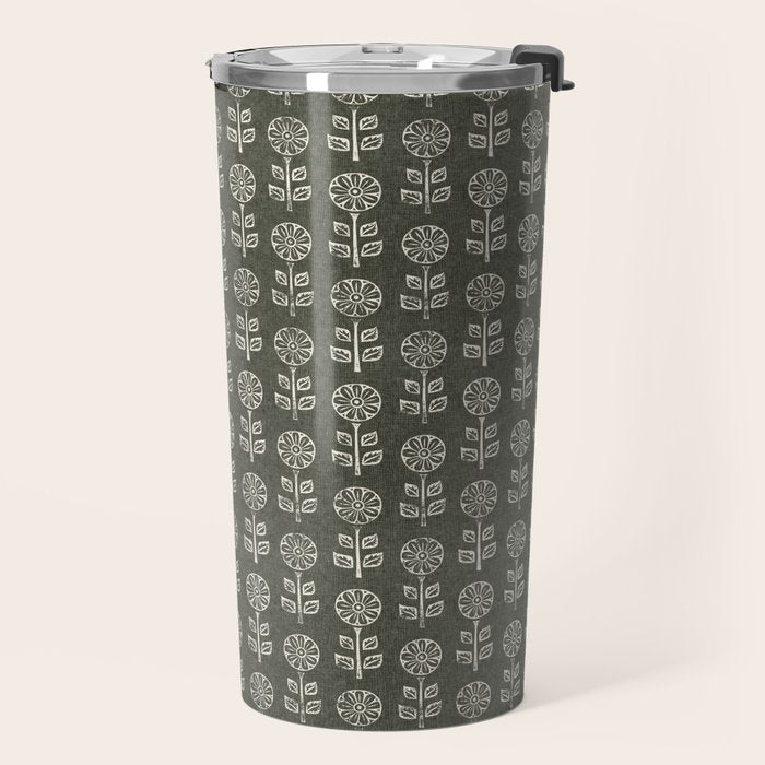 block print floral - dark olive Travel Mug Gallery Image 2