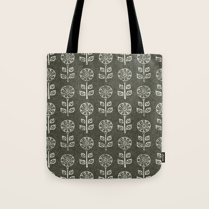 block print floral - dark olive Tote Bag Gallery Image 1