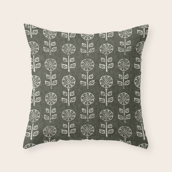 block print floral - dark olive Throw Pillow Gallery Image 6