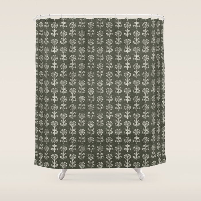 block print floral - dark olive Shower Curtain Gallery Image 1
