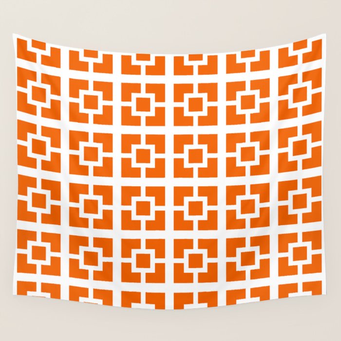 Mid Century Modern Breeze Blocks Orange and White Geometric Pattern Wall Tapestry Gallery Image 4