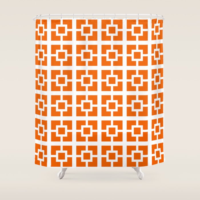 Mid Century Modern Breeze Blocks Orange and White Geometric Pattern Shower Curtain Gallery Image 1