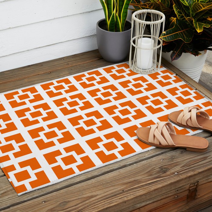 Mid Century Modern Breeze Blocks Orange and White Geometric Pattern Outdoor Rug Gallery Image 2