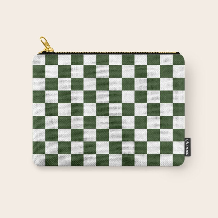 Checkerboard Check Checked Pattern in Dark Green and White Carry All Pouch Gallery Image 1