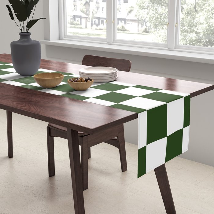 Checkerboard Check Checked Pattern in Dark Green and White Table Runner Gallery Image 2