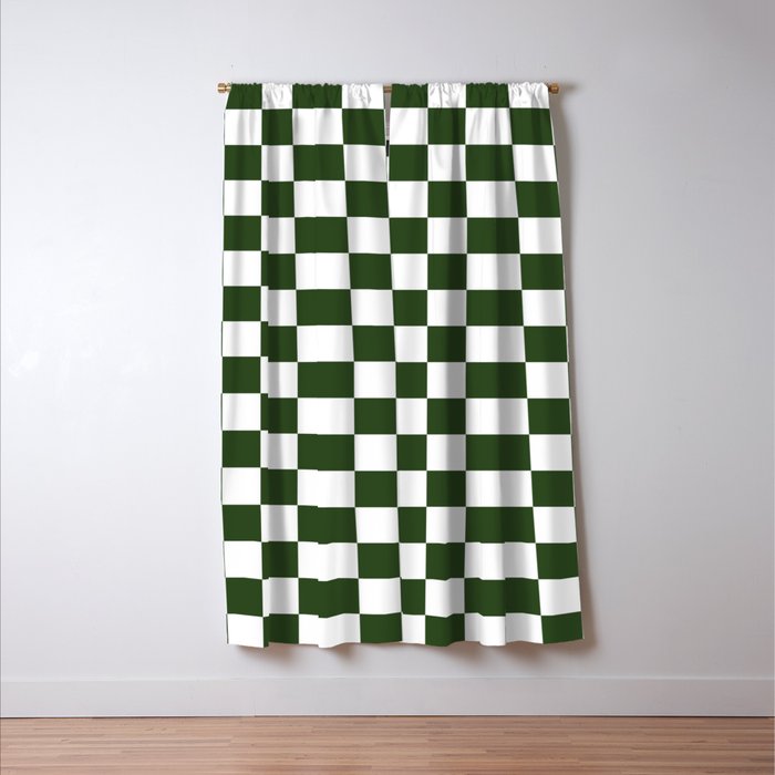 Checkerboard Check Checked Pattern in Dark Green and White Window Curtain Gallery Image 3