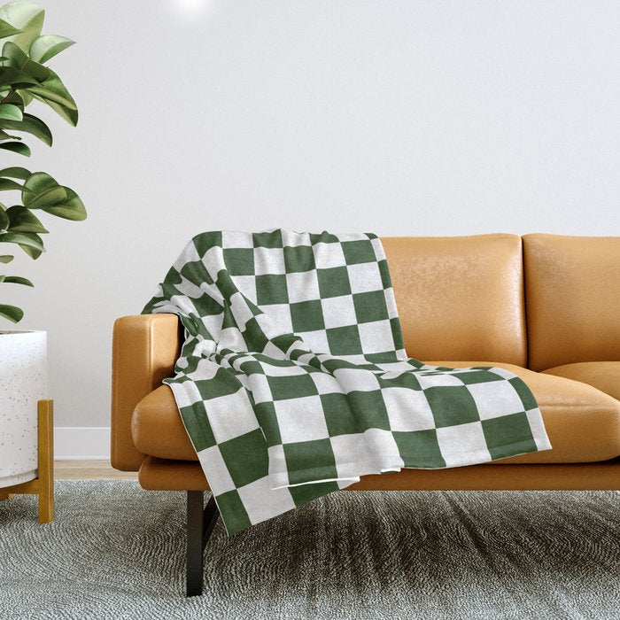 Checkerboard Check Checked Pattern in Dark Green and White Throw Blanket Gallery Image 1