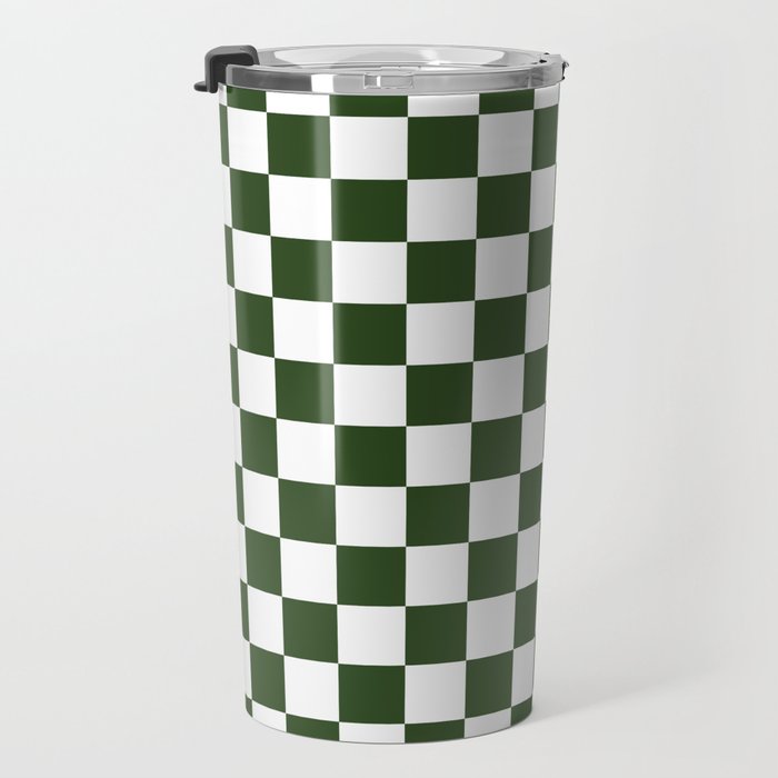 Checkerboard Check Checked Pattern in Dark Green and White Travel Mug Gallery Image 3