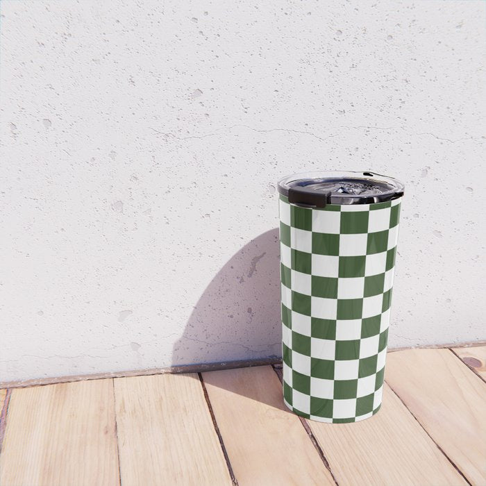 Checkerboard Check Checked Pattern in Dark Green and White Travel Mug Gallery Image 4