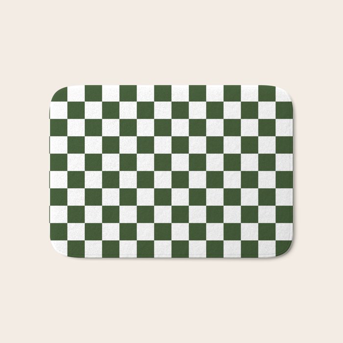 Checkerboard Check Checked Pattern in Dark Green and White Bath Mat Gallery Image 1