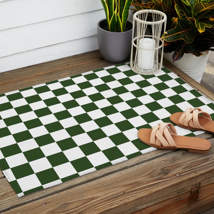 Checkerboard Check Checked Pattern in Dark Green and White Outdoor Rug Gallery Image 2