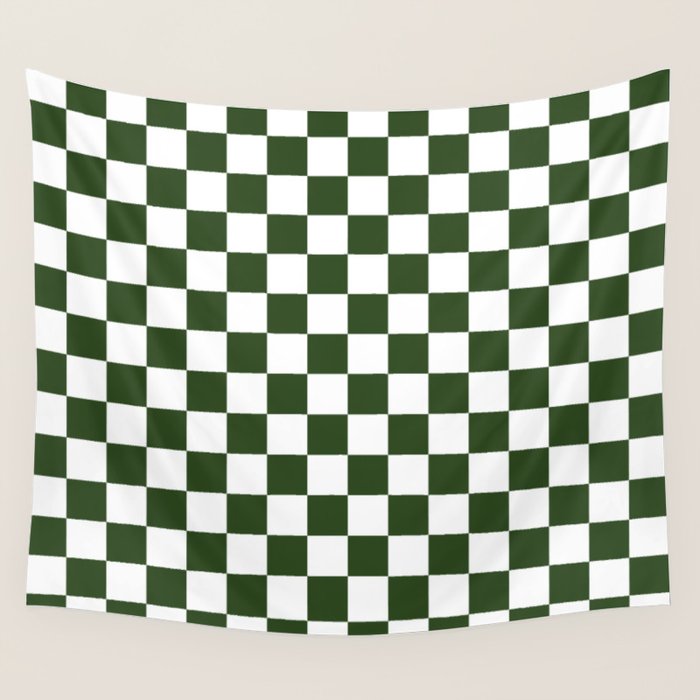 Checkerboard Check Checked Pattern in Dark Green and White Wall Tapestry Gallery Image 1