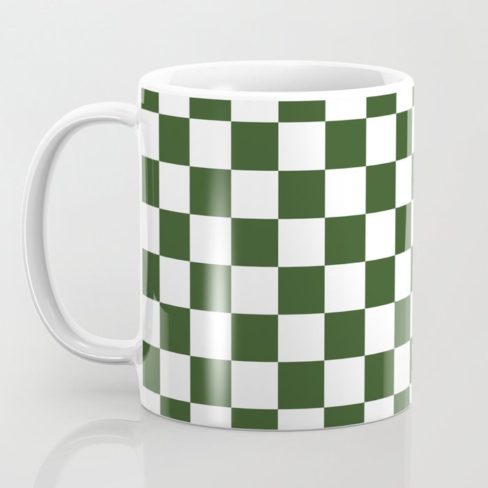 Checkerboard Check Checked Pattern in Dark Green and White Coffee Mug Gallery Image 3