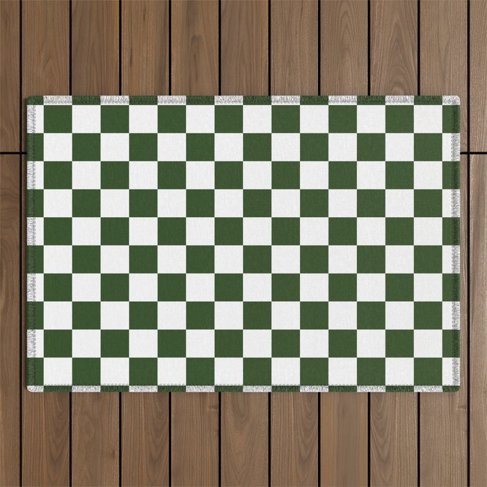 Checkerboard Check Checked Pattern in Dark Green and White Outdoor Rug Gallery Image 1