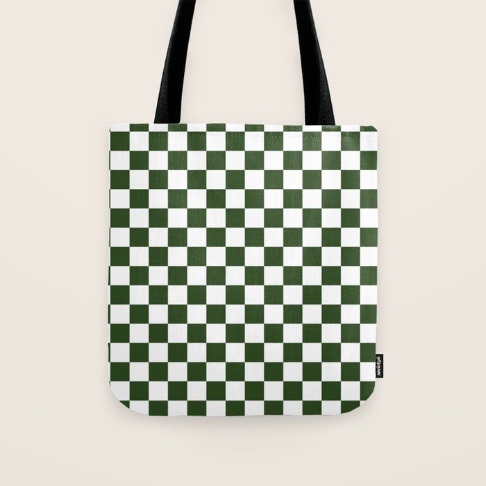 Checkerboard Check Checked Pattern in Dark Green and White Tote Bag Gallery Image 1