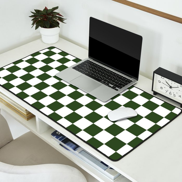 Checkerboard Check Checked Pattern in Dark Green and White Desk Mat Gallery Image 2