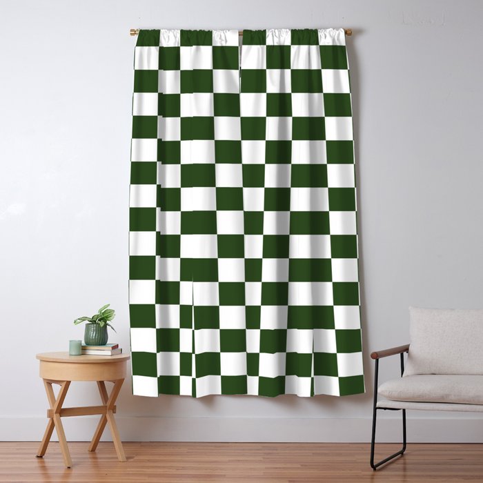 Checkerboard Check Checked Pattern in Dark Green and White Window Curtain Gallery Image 5