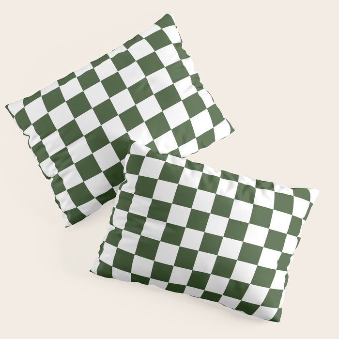 Checkerboard Check Checked Pattern in Dark Green and White Pillow Sham Gallery Image 3