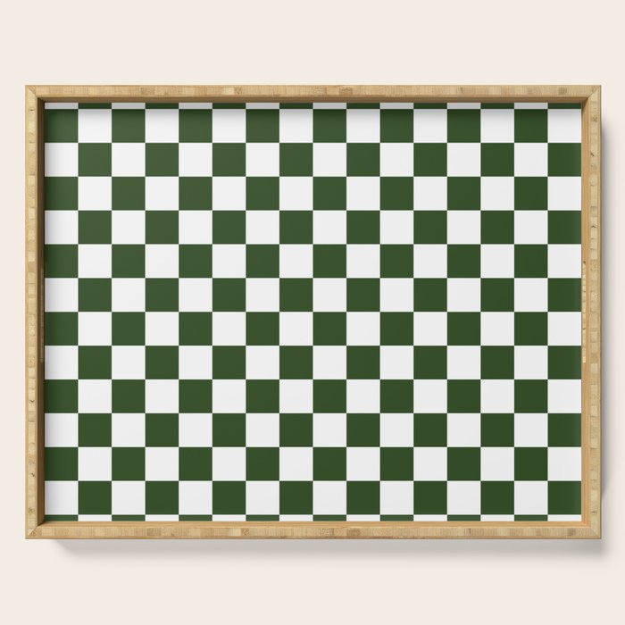 Checkerboard Check Checked Pattern in Dark Green and White Serving Tray Gallery Image 1