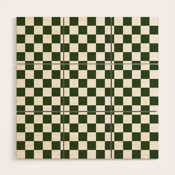 Checkerboard Check Checked Pattern in Dark Green and White Wood Wall Art Gallery Image 1
