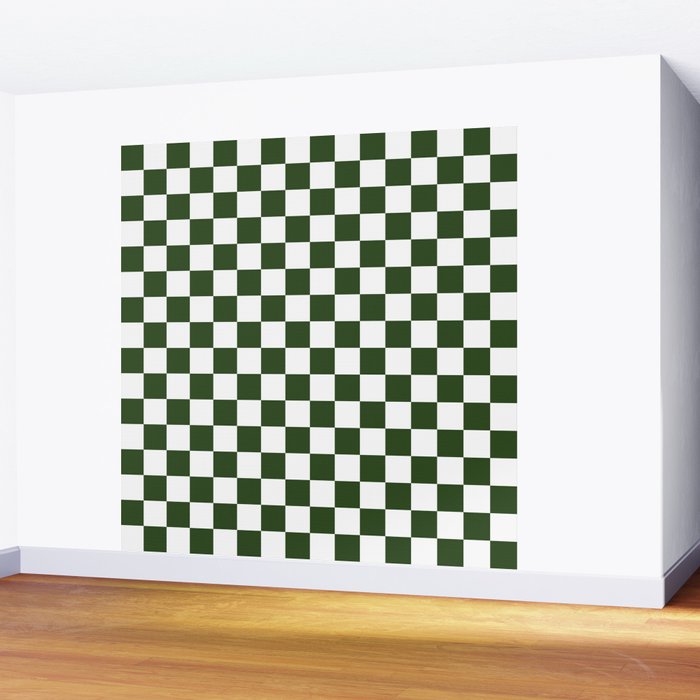 Checkerboard Check Checked Pattern in Dark Green and White Wall Mural Gallery Image 2