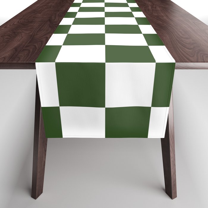 Checkerboard Check Checked Pattern in Dark Green and White Table Runner Gallery Image 1