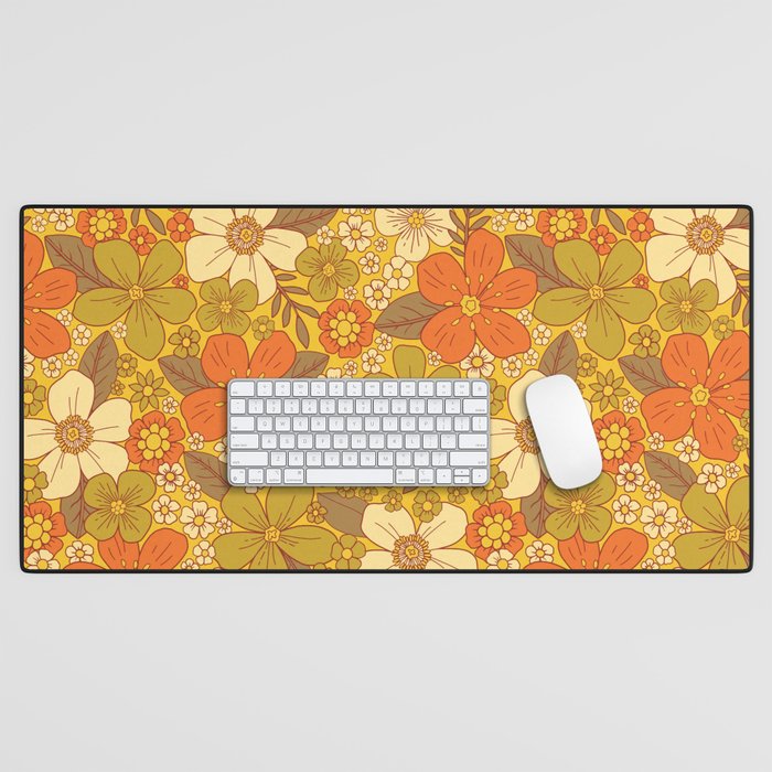 Retro 60s/70s Orange & Olive Green Floral Desk Mat Gallery Image 1