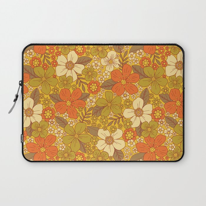 Retro 60s/70s Orange & Olive Green Floral Laptop Sleeve Gallery Image 1