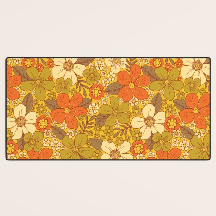 Retro 60s/70s Orange & Olive Green Floral Desk Mat Gallery Image 3