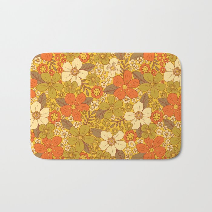 Retro 60s/70s Orange & Olive Green Floral Bath Mat Gallery Image 1